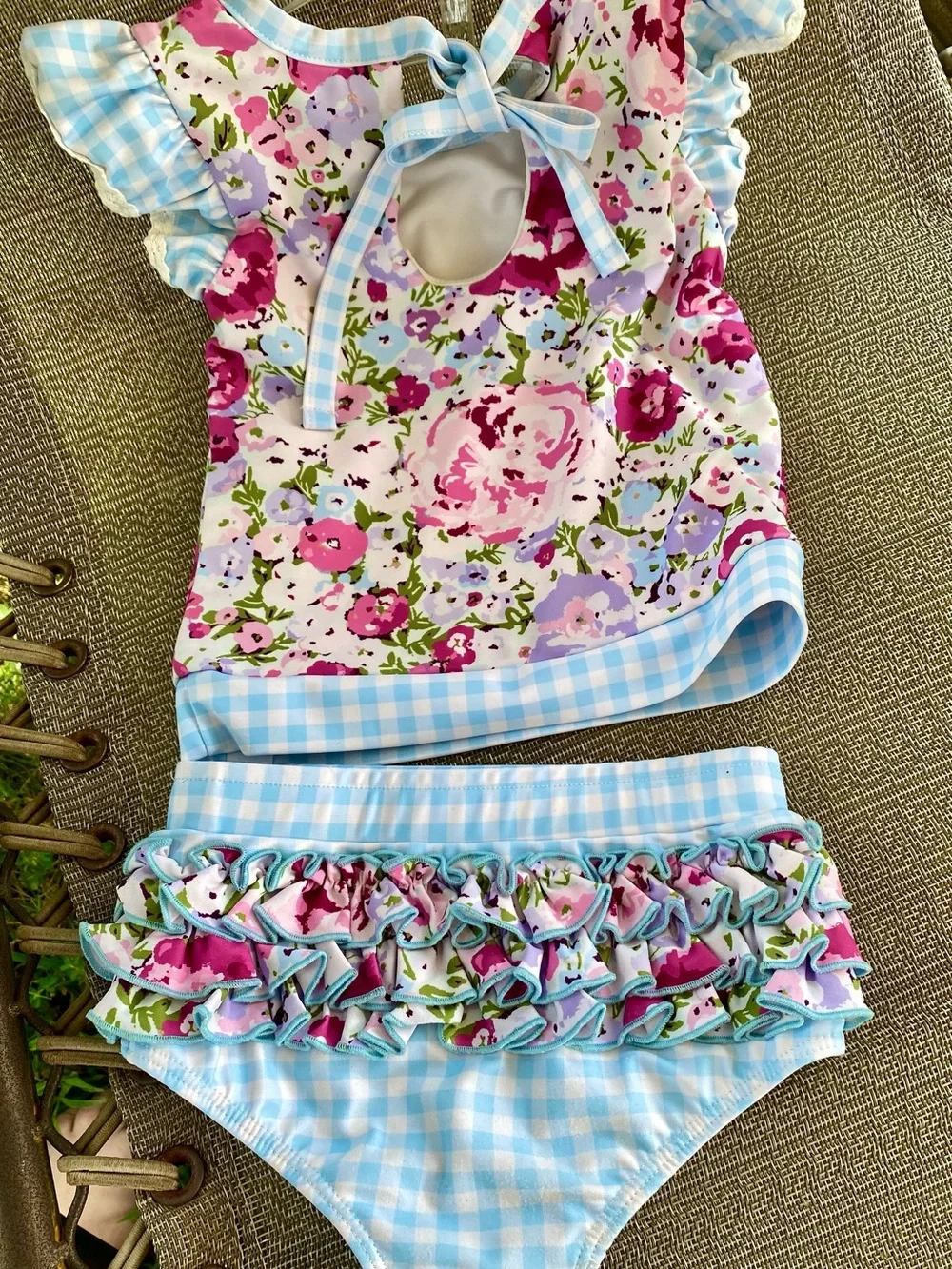 SweetHoney Pink & Blue Floral Gingham Two-Piece Swim Set